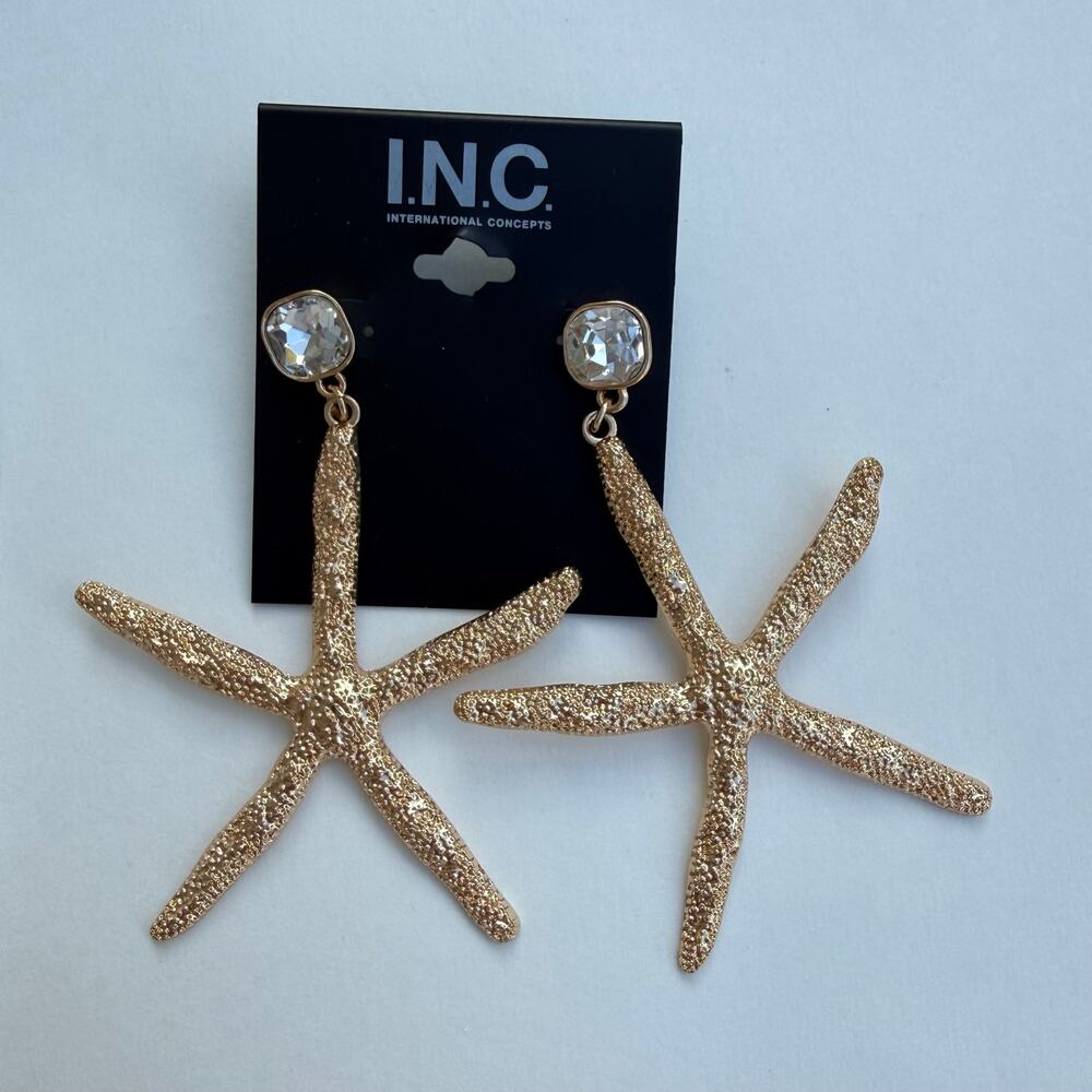 INC International Concepts Gold Tone Crystal Starfish Earrings NWT
